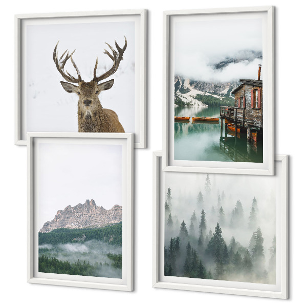 Wanddeko-set Berge, See, Hirsche, Hütte, Nebel