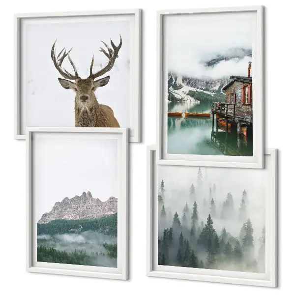 Wanddeko-Set mit Bergsee, Hirschen und einer Hütte im Nebel