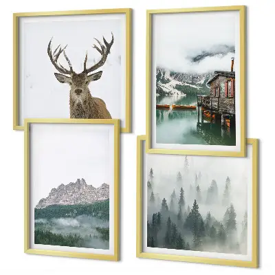 Wanddeko-Set mit Bergsee, Hirschen und einer Hütte im Nebel