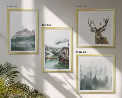 Wanddeko-Set mit Bergsee, Hirschen und einer Hütte im Nebel