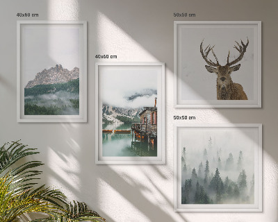 Wanddeko-set Berge, See, Hirsche, Hütte, Nebel