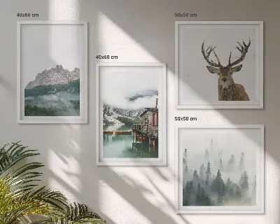 Wanddeko-Set mit Bergsee, Hirschen und einer Hütte im Nebel