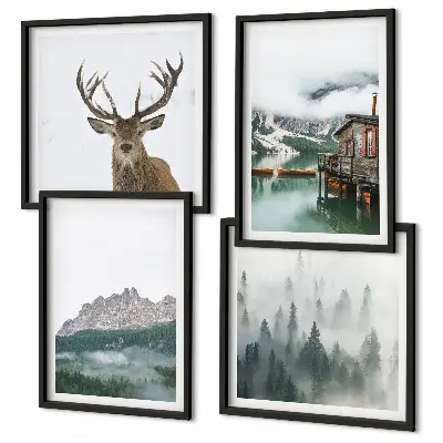 Wanddeko-Set mit Bergsee, Hirschen und einer Hütte im Nebel