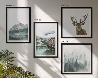 Wanddeko-set Berge, See, Hirsche, Hütte, Nebel