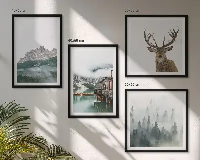 Wanddeko-Set mit Bergsee, Hirschen und einer Hütte im Nebel