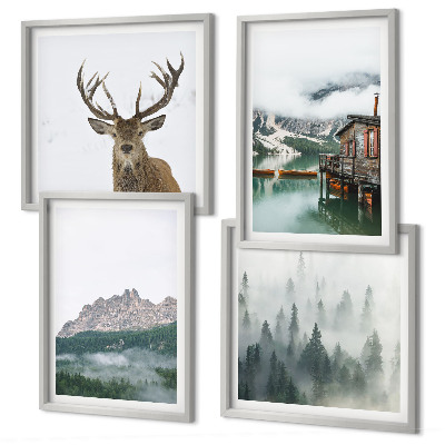 Wanddeko-set Berge, See, Hirsche, Hütte, Nebel