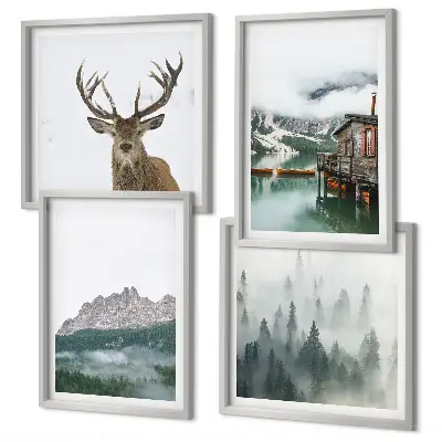 Wanddeko-Set mit Bergsee, Hirschen und einer Hütte im Nebel