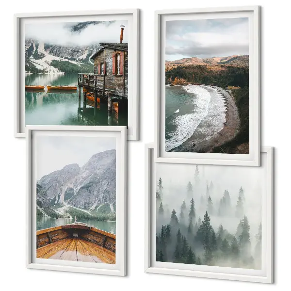 Wanddeko-Set mit Motiven von Bergen, See, Boot, Nebel und Strand