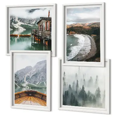 Wanddeko-Set mit Motiven von Bergen, See, Boot, Nebel und Strand