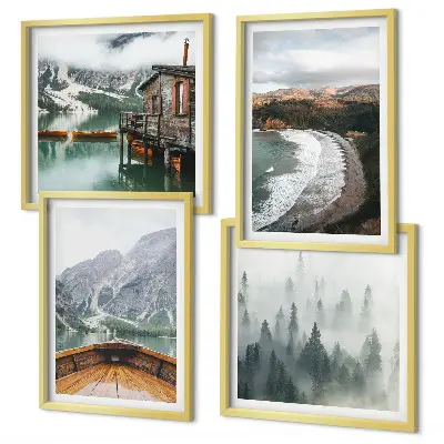 Wanddeko-Set mit Motiven von Bergen, See, Boot, Nebel und Strand