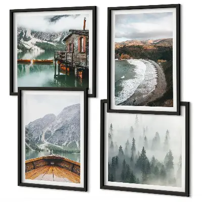 Wanddeko-Set mit Motiven von Bergen, See, Boot, Nebel und Strand