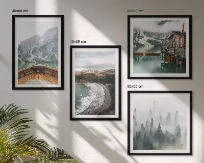 Wanddeko-Set mit Motiven von Bergen, See, Boot, Nebel und Strand