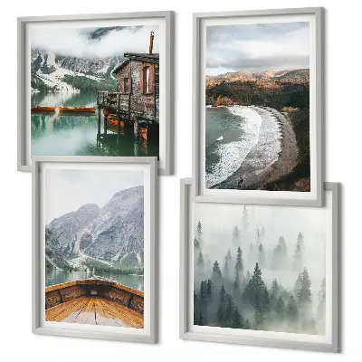 Wanddeko-Set mit Motiven von Bergen, See, Boot, Nebel und Strand