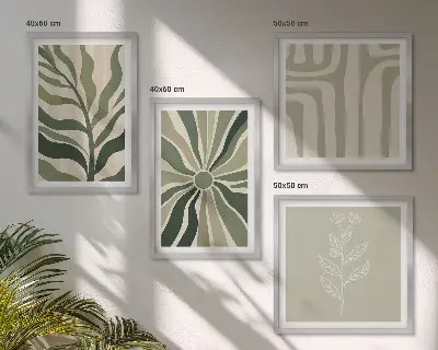 Wandbild mit Rahmen Pflanzenmuster im minimalistischen grünen Stil