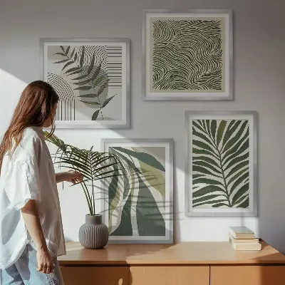 Wanddekoset Pastellillustrationen mit Blättern und Wellen