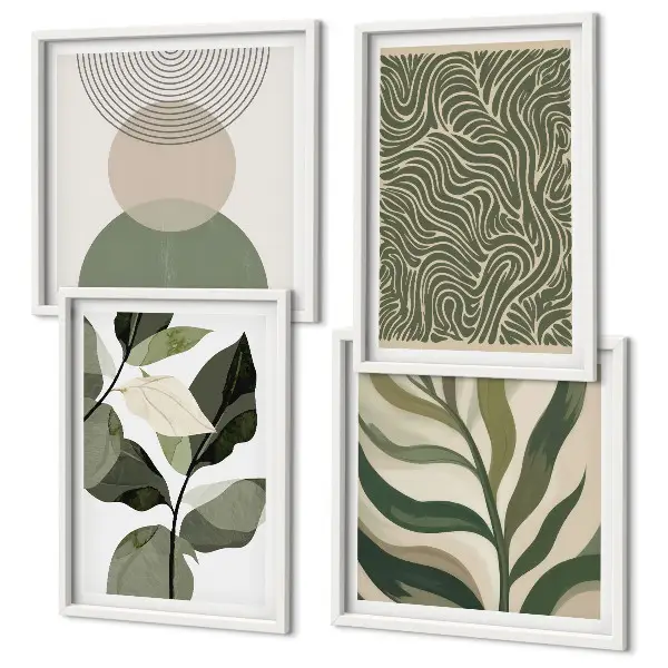 Abstraktes Wandbild mit geometrischen Blättern als mehrteiliges Polyptychon mit Rahmen
