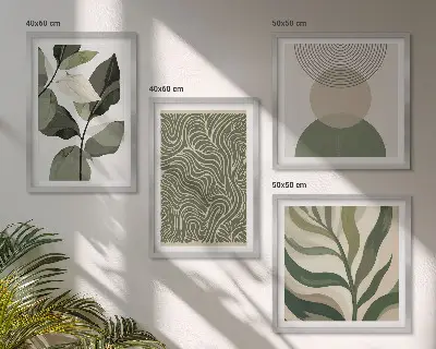 Abstraktes Wandbild mit geometrischen Blättern als mehrteiliges Polyptychon mit Rahmen