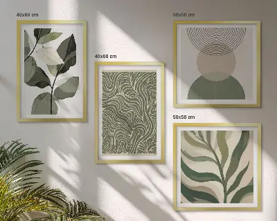 Abstraktes Wandbild mit geometrischen Blättern als mehrteiliges Polyptychon mit Rahmen