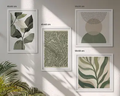 Abstraktes Wandbild mit geometrischen Blättern als mehrteiliges Polyptychon mit Rahmen