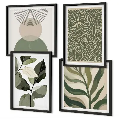 Abstraktes Wandbild mit geometrischen Blättern als mehrteiliges Polyptychon mit Rahmen