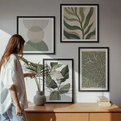Abstraktes Wandbild mit geometrischen Blättern als mehrteiliges Polyptychon mit Rahmen
