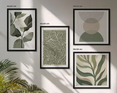 Abstraktes Wandbild mit geometrischen Blättern als mehrteiliges Polyptychon mit Rahmen