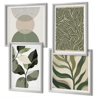 Abstraktes Wandbild mit geometrischen Blättern als mehrteiliges Polyptychon mit Rahmen