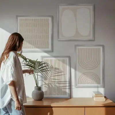 Abstrakte Boho-Musterformen als mehrteiliges Wandbild mit Rahmen