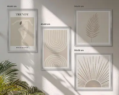 Abstrakte Poster im Boho-Stil in Pastellfarben als Polyptychon mit Rahmen