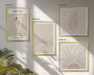 Abstrakte Poster im Boho-Stil in Pastellfarben als Polyptychon mit Rahmen