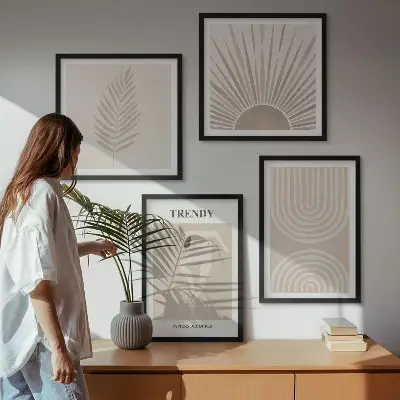 Abstrakte Poster im Boho-Stil in Pastellfarben als Polyptychon mit Rahmen