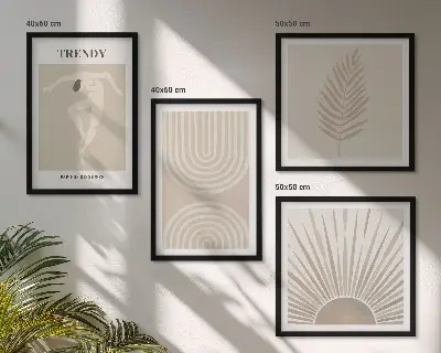 Abstrakte Poster im Boho-Stil in Pastellfarben als Polyptychon mit Rahmen