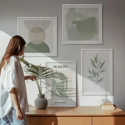 Stilvolle abstrakte Pflanzengrafiken als Polyptychon mit Rahmen