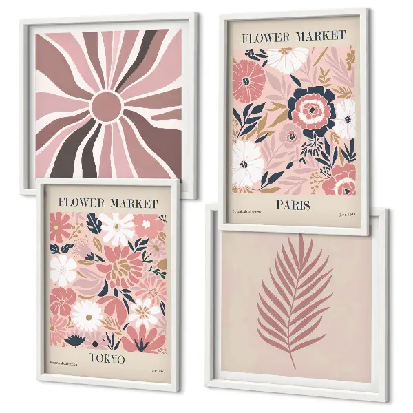 Blumenmuster mit Blättern und geometrischen Elementen als gerahmtes Polyptychon