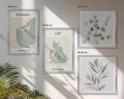 Polyptychon mit Rahmen Pflanzenmotive in zartem Grün