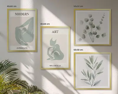 Polyptychon mit Rahmen Pflanzenmotive in zartem Grün
