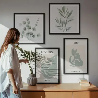 Polyptychon mit Rahmen Pflanzenmotive in zartem Grün