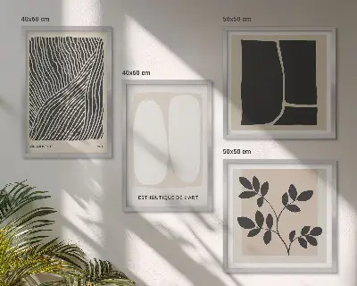 Minimalistische Pflanzenmuster als mehrteiliges Wandbild mit Rahmen