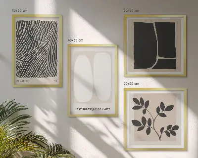 Minimalistische Pflanzenmuster als mehrteiliges Wandbild mit Rahmen