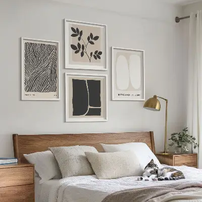 Minimalistische Pflanzenmuster als mehrteiliges Wandbild mit Rahmen