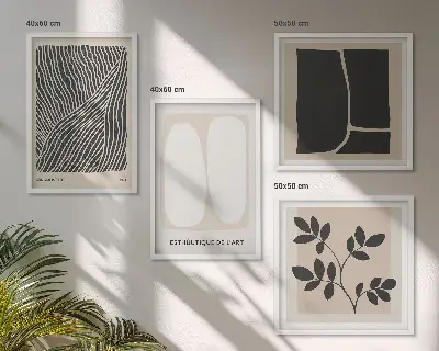 Minimalistische Pflanzenmuster als mehrteiliges Wandbild mit Rahmen