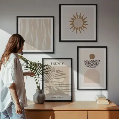 Abstraktes Wandbild in Beigetönen als fünfteiliges Set mit Rahmen