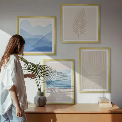 Blätterwellen beige-blaues Polyptychon mit Rahmen