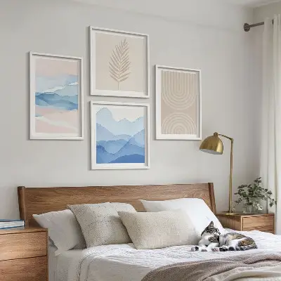 Blätterwellen beige-blaues Polyptychon mit Rahmen