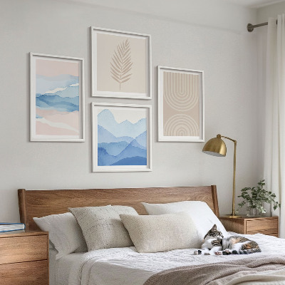 Polyptychon mit rahmen Blätterwellen beige blau
