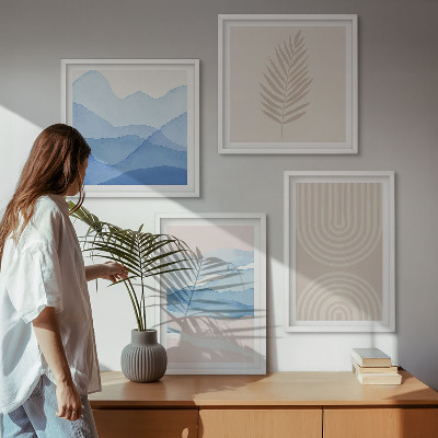 Polyptychon mit rahmen Blätterwellen beige blau