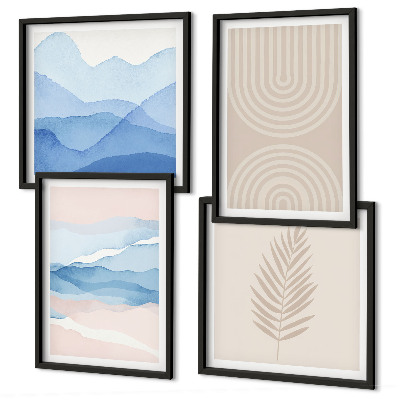 Polyptychon mit rahmen Blätterwellen beige blau