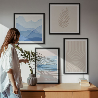 Polyptychon mit rahmen Blätterwellen beige blau