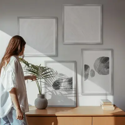 Abstrakte Kunst mit Farbspritzern als mehrteiliges Wandbild mit Rahmen