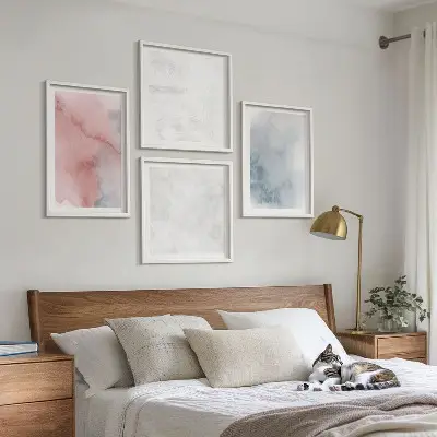 Pastellfarbene Aquarelltexturen als mehrteiliges Wandbild mit Rahmen